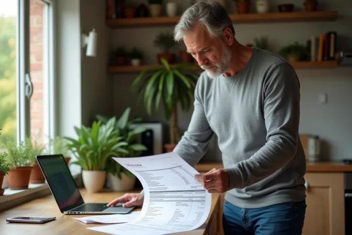 Propriétaire vérifiant des documents de déduction fiscale pour des travaux d'élagage d'arbres à domicile