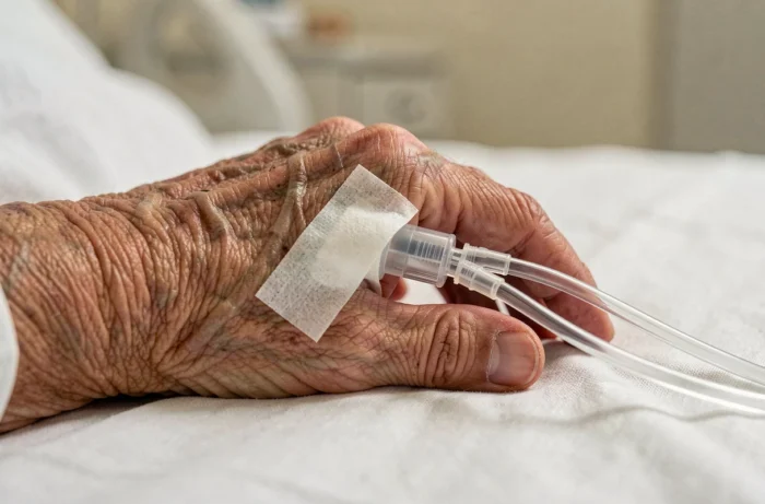 Gros plan sur la main d'une personne âgée avec une canule médicale pour transfusion sanguine, posée sur un drap d'hôpital blanc