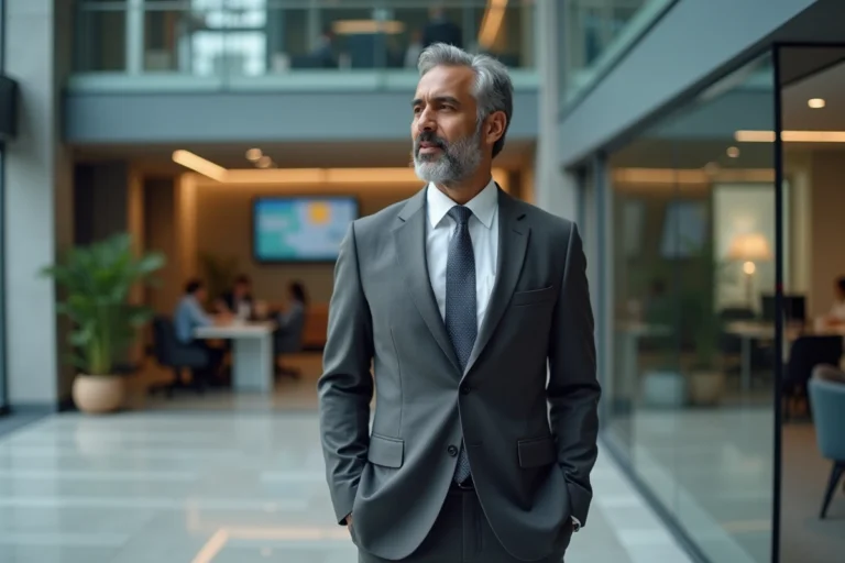 Directeur général d'une grande entreprise technologique debout dans le hall moderne d'un siège social, portant un costume gris anthracite, symbolisant le leadership et l'innovation.
