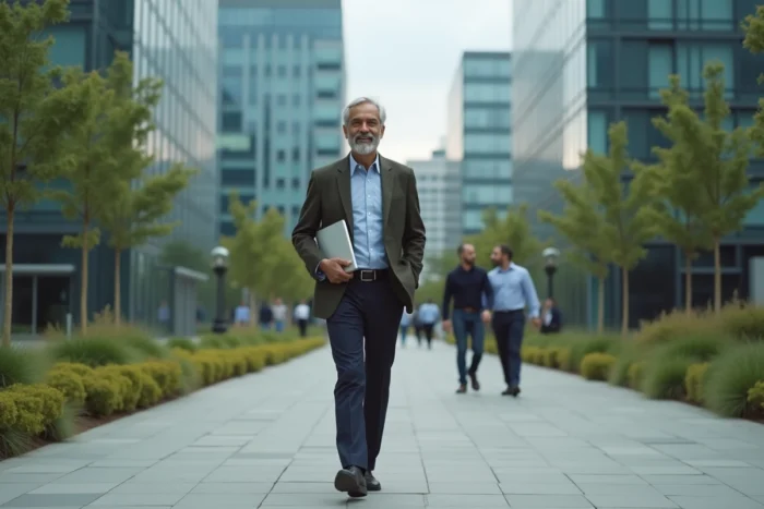 PDG d'une grande entreprise de technologie marchant sur un campus d'innovation moderne, tablette à la main, symbolisant le dynamisme et la vision à long terme d'un leader mondial.