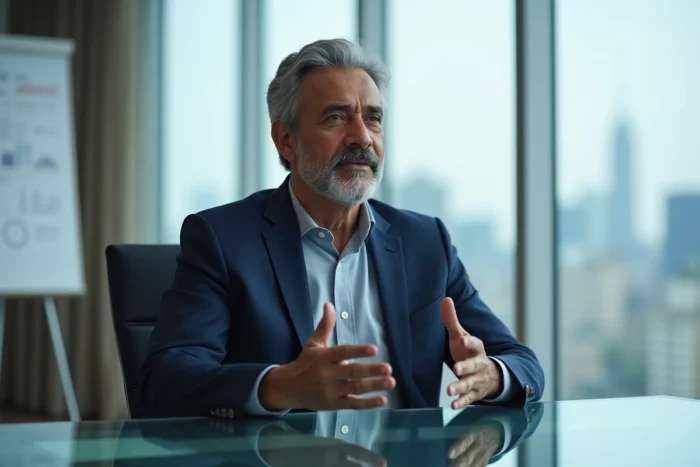 Cadre dirigeant d'une multinationale technologique en réunion stratégique dans une salle de conférence moderne avec vue sur la ville, exprimant une vision entrepreneuriale.