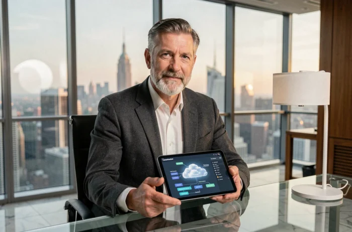 Dirigeant d'entreprise consultant une interface cloud sur tablette dans un bureau en hauteur avec vue panoramique sur la ville, illustrant l'innovation technologique et la transformation numérique