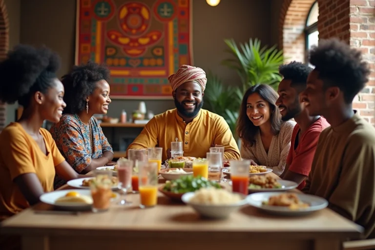 Groupe de personnes de différentes cultures partageant un repas multiculturel autour d'une grande table en bois