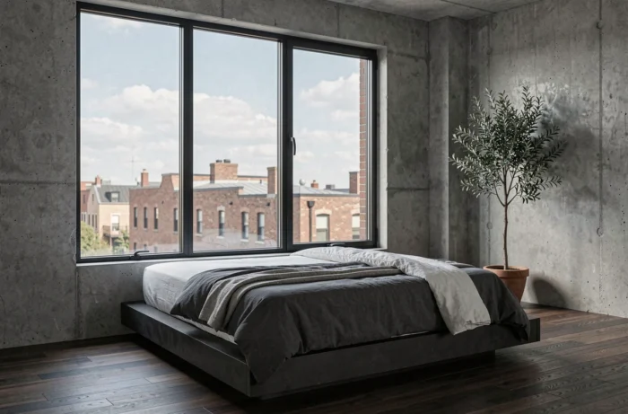 Double fenêtre à battants en acier noir dans une chambre industrielle moderne avec vue sur toits urbains