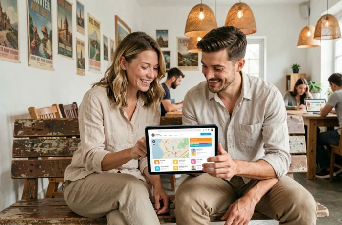 Deux créatifs voyageurs explorant ensemble un plan de site sur tablette dans un espace de coworking chaleureux