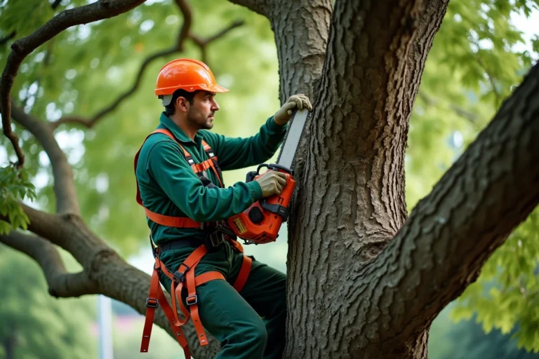 Élagueur professionnel en hauteur dans un chêne réalisant des travaux d'élagage dans un jardin résidentiel