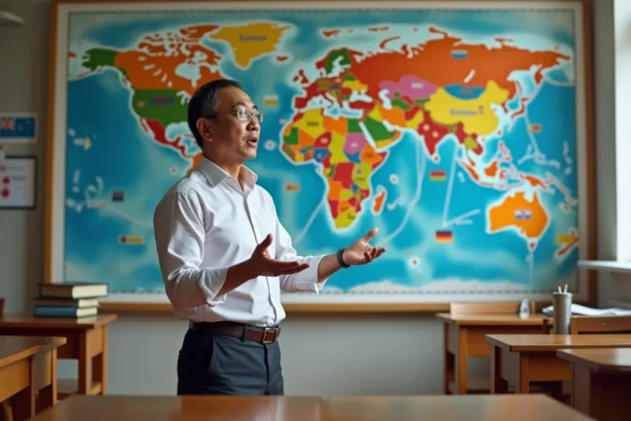 Enseignant devant une carte du monde illustrant la diversité culturelle dans une salle de classe décorée de drapeaux et symboles du monde entier