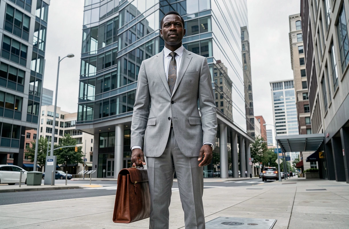 Entrepreneur africain en costume gris devant un immeuble de bureaux moderne dans un quartier d'affaires urbain