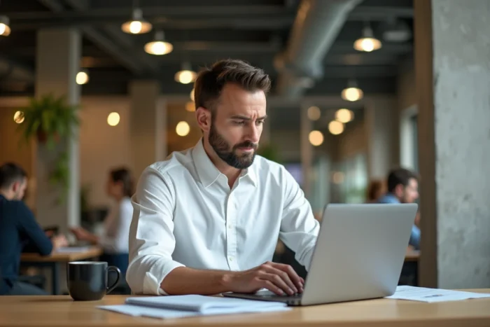 Entrepreneur concentré travaillant sur un rapport de croissance dans un espace de coworking moderne et dynamique
