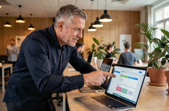 Entrepreneur masculin analysant l'interface d'un outil de création de site web sur un ordinateur portable dans un espace de coworking