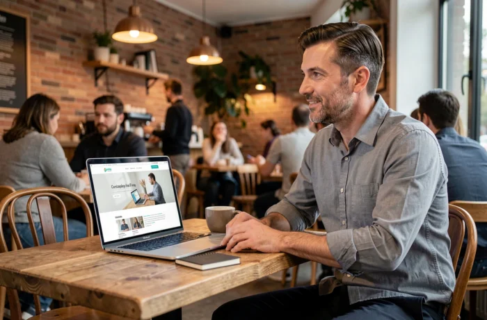 Entrepreneur travaillant sur son site web professionnel dans un café urbain avec un laptop