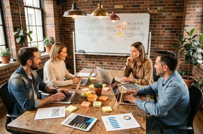 Équipe de professionnels collaborant autour d'une table sur une stratégie d'innovation technologique et de transformation digitale dans un espace de coworking