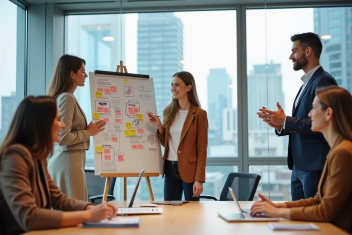 Équipe de professionnels en marketing digital collaborant autour d'un tableau blanc lors d'une session de brainstorming