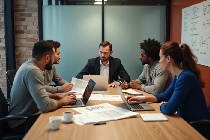 Équipe de professionnels en réunion stratégique autour d'une table de conférence pour développer des services innovants