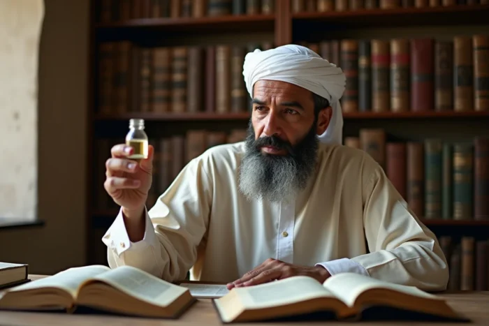 Érudit islamique examinant une bouteille de vinaigre dans une bibliothèque religieuse, débat sur le statut halal du vinaigre d'alcool