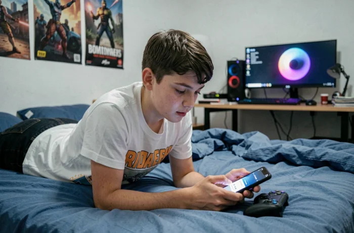 Adolescent en train de changer l'adresse email de son Supercell ID sur smartphone dans sa chambre de gamer