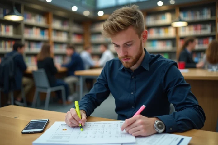 Étudiant consultant un formulaire de calcul des APL dans une bibliothèque universitaire