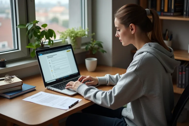 Étudiante calculant ses APL sur un ordinateur portable dans un appartement étudiant modeste