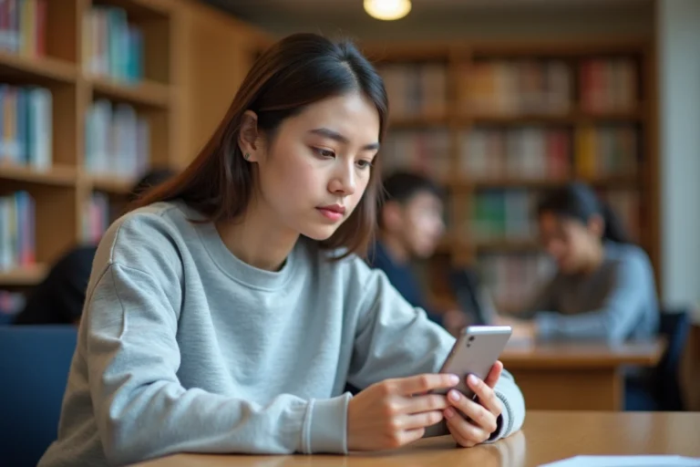 Étudiante configurant sa messagerie académique de Poitiers sur un smartphone Android dans une bibliothèque universitaire