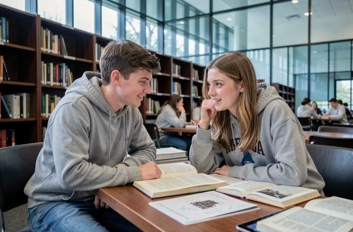 Deux étudiants collaborant sur des ressources informatiques dans une bibliothèque universitaire moderne, symbolisant l'apprentissage de l'informatique