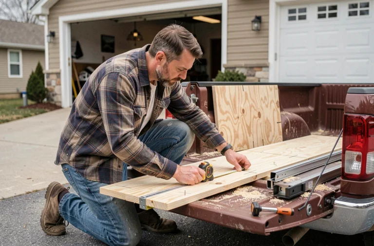 Homme mesurant un plateau coulissant en bois en cours de fabrication dans le bac d'un pick-up garé dans une allée résidentielle