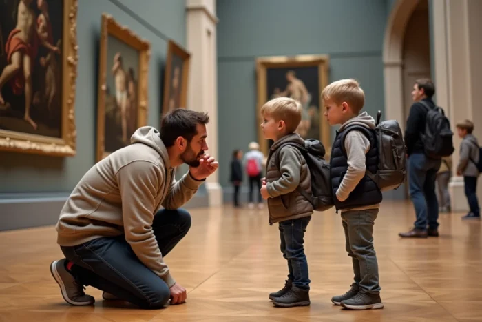 Père et enfants découvrant une peinture classique au musée du Louvre à Paris, famille en train d'explorer la culture ensemble