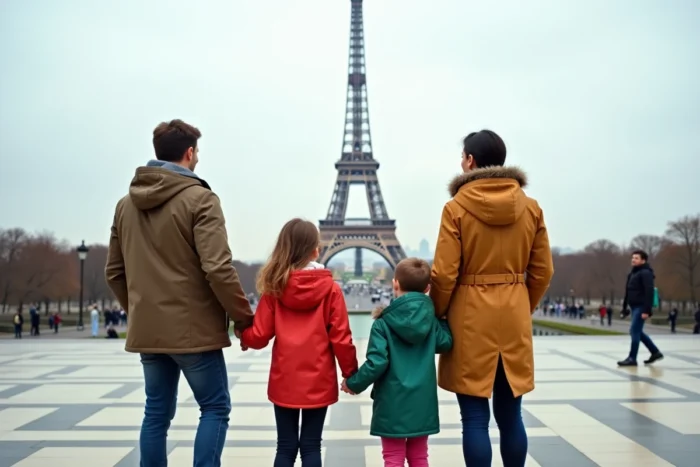 Famille heureuse devant la Tour Eiffel au Trocadéro à Paris, parents et enfants riant ensemble lors d'une sortie en famille inoubliable