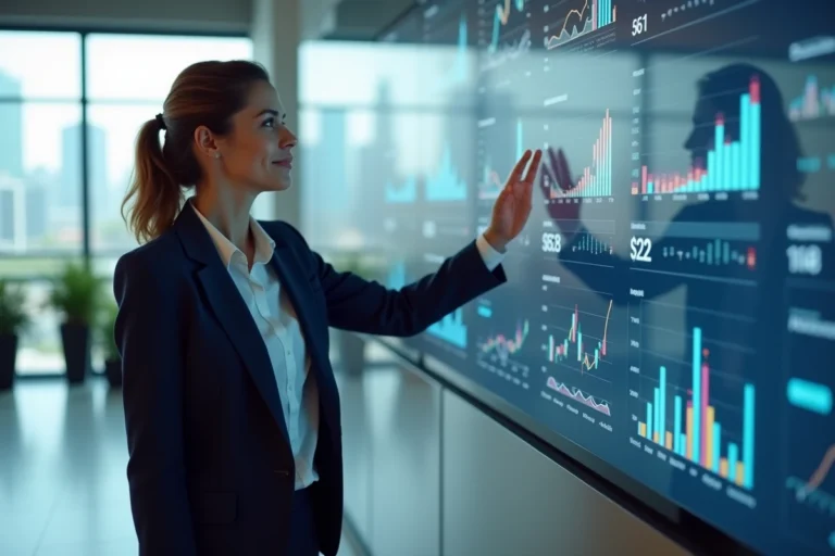 Femme d'affaires présentant des graphiques de croissance sur un écran numérique dans un bureau moderne et innovant