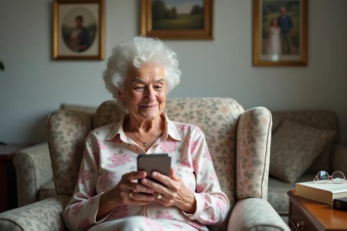 Une femme âgée consultant des nouvelles familiales sur son smartphone depuis son salon