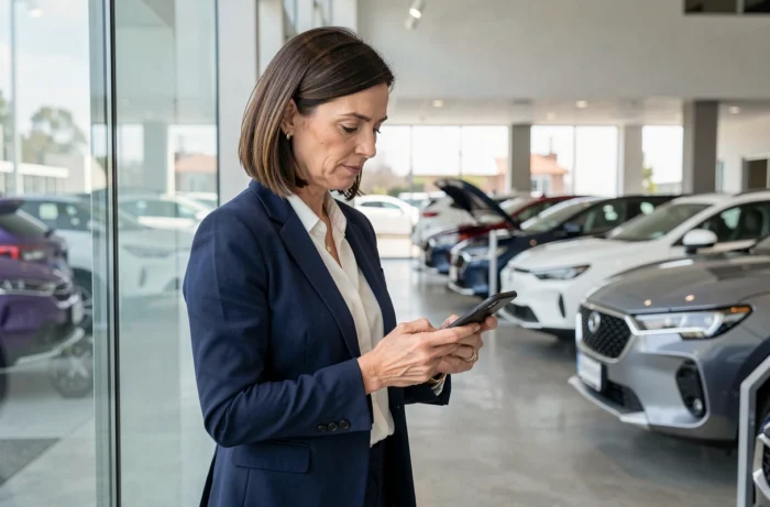 Femme professionnelle consultant des alertes secteur automobile dans une concession moderne