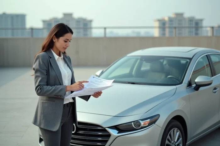 Femme tenant un certificat de situation administrative devant une voiture dans un parking urbain