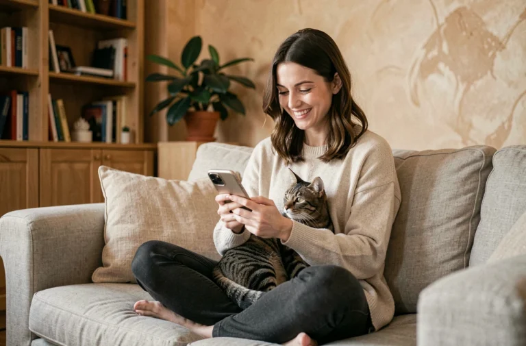 Femme souriante utilisant l'application Aplouf sur son smartphone avec son chat tigré sur les genoux dans un salon cosy