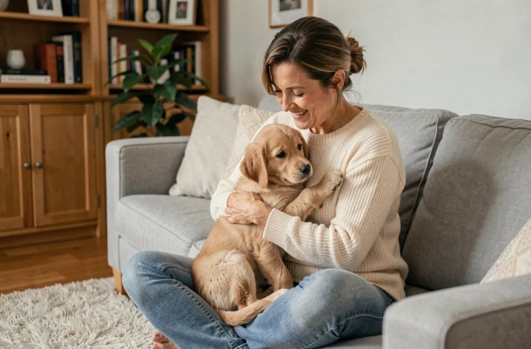 Femme souriante tenant son chiot golden retriever dans ses bras sur un canapé, illustrant le lien émotionnel entre un propriétaire et son animal de compagnie assuré