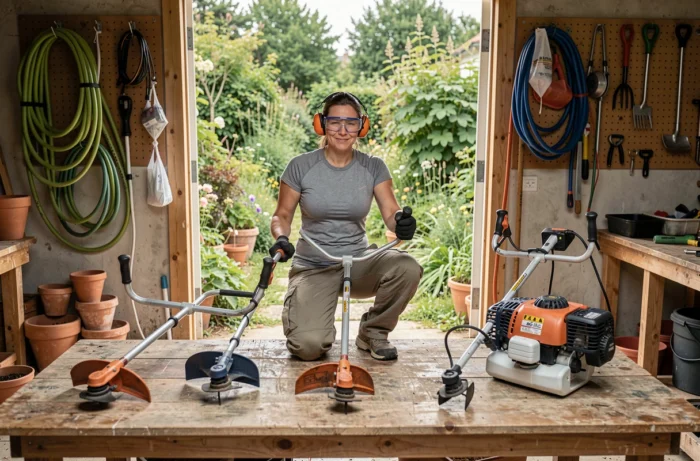 Femme comparant trois modèles de débroussailleuses posées sur un établi dans un abri de jardin