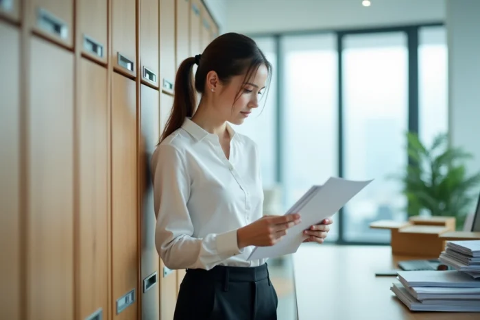 Jeune femme consultant des courriers administratifs pour retrouver un code spécifique Action Logement