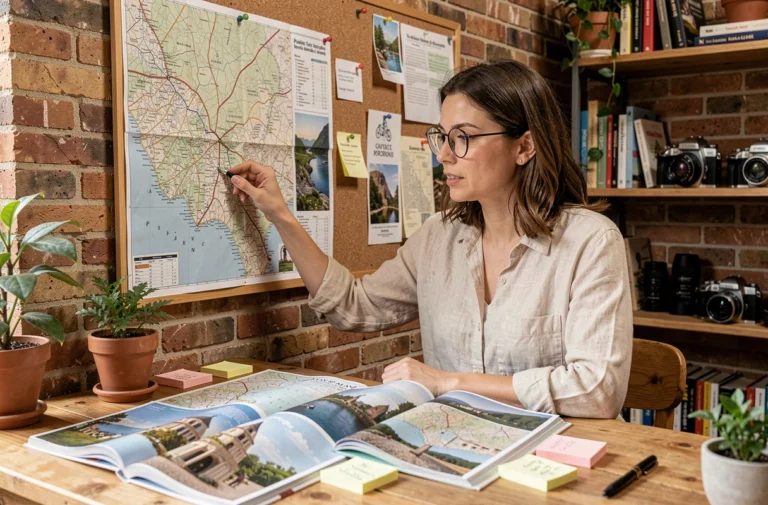 Femme créatrice explorant un plan de site illustré dans un studio de voyage créatif rempli de cartes et magazines
