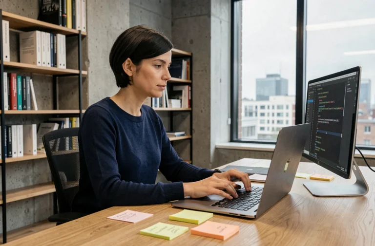 Femme développeuse web concentrée sur son code dans un bureau moderne, illustrant les concepts clés de l'informatique