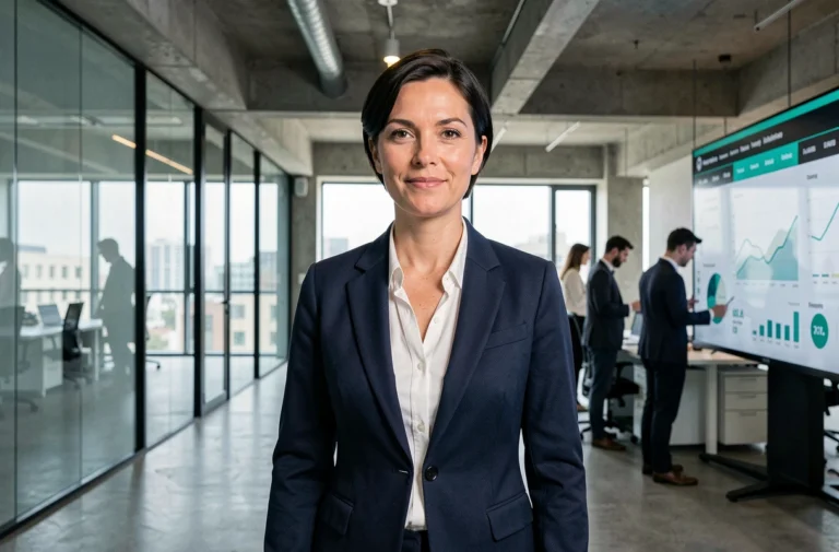 Femme cadre dirigeante analysant des tableaux de bord numériques sur un écran interactif dans un bureau moderne, symbolisant la transformation digitale en entreprise