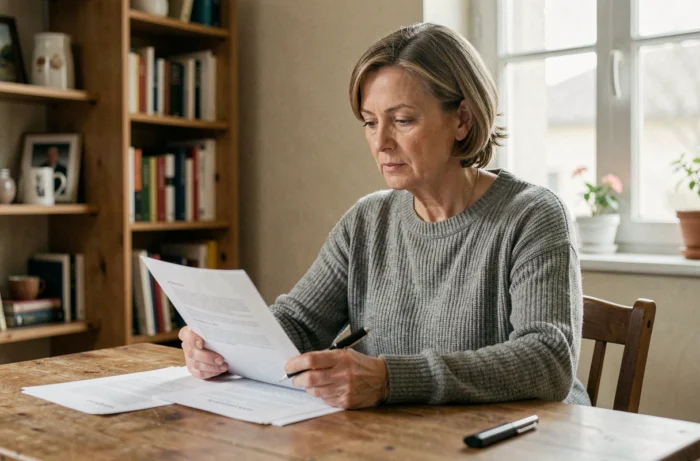 Femme seule examinant des documents juridiques liés à une procédure de divorce à la table de sa cuisine