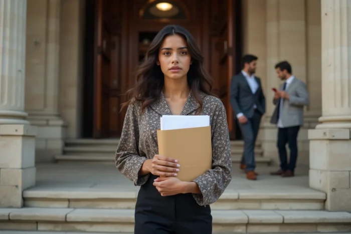 Jeune femme tenant un dossier juridique devant un palais de justice français dans le cadre d'une procédure de mariage sous OQTF