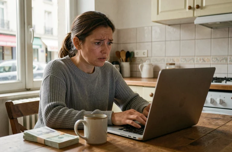 Femme inquiète consultant son compte Pôle emploi sur ordinateur portable avec des factures posées sur la table
