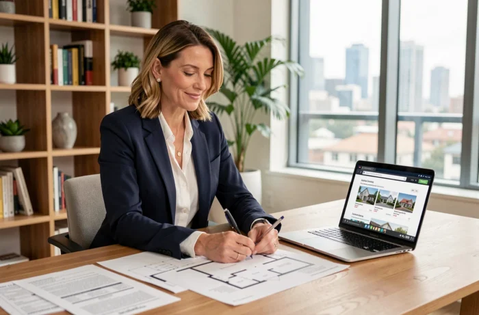 Femme professionnelle analysant des documents immobiliers dans un bureau moderne, illustrant l'investissement immobilier pour les femmes