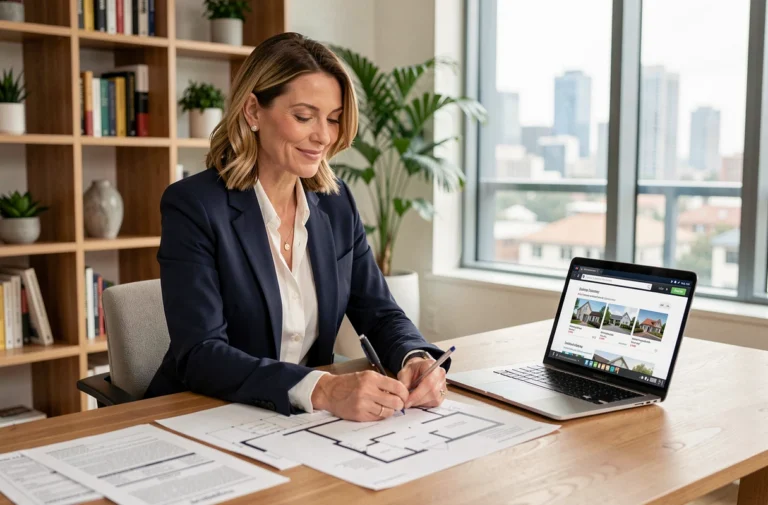 Femme professionnelle analysant des documents immobiliers dans un bureau moderne, illustrant l'investissement immobilier pour les femmes