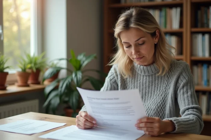 Femme lisant attentivement un courrier officiel d'Action Logement pour retrouver son code spécifique