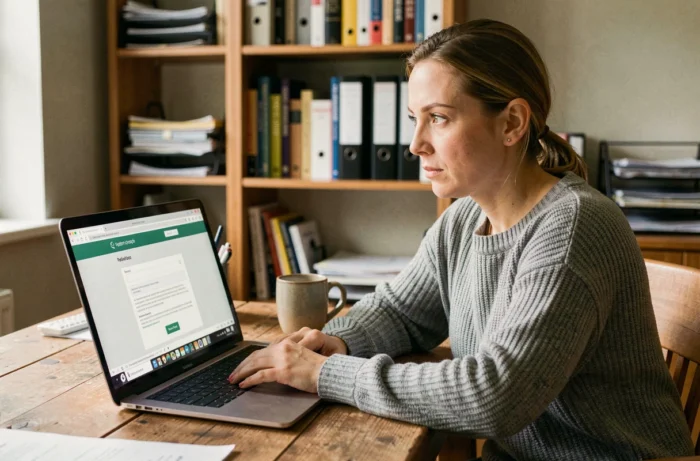 Femme tapant une pétition en ligne sur son ordinateur portable dans un bureau à domicile, illustrant la création de campagnes citoyennes numériques