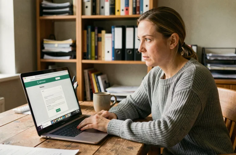 Femme tapant une pétition en ligne sur son ordinateur portable dans un bureau à domicile, illustrant la création de campagnes citoyennes numériques