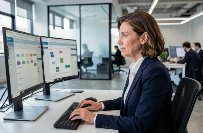 Professionnelle en blazer marine utilisant un logiciel d'automatisation des échanges électroniques B2B sur deux écrans dans un bureau moderne