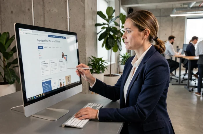 Femme professionnelle analysant un site web sur un écran d'ordinateur dans un bureau moderne