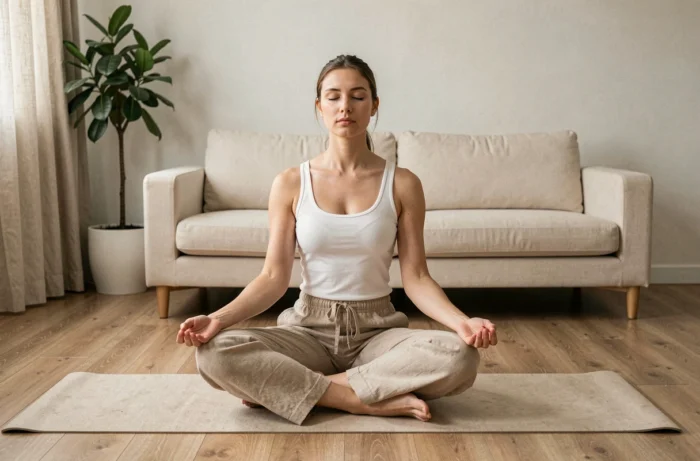 Jeune femme pratiquant des exercices de respiration sur un tapis de yoga pour soulager le stress et l'anxiété