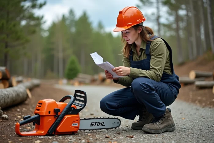 Femme équipée de jambières anti-coupure Kevlar consultant le manuel de démarrage d'une tronçonneuse Stihl en lisière de forêt